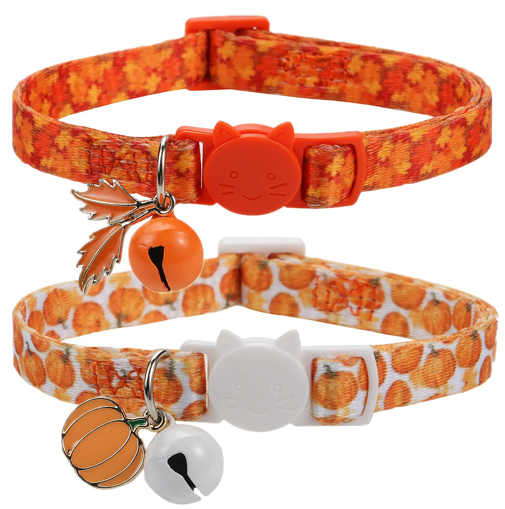 Fall Cat Collar with Bells - Orange Pumpkin Thanksgiving Collar for Cats