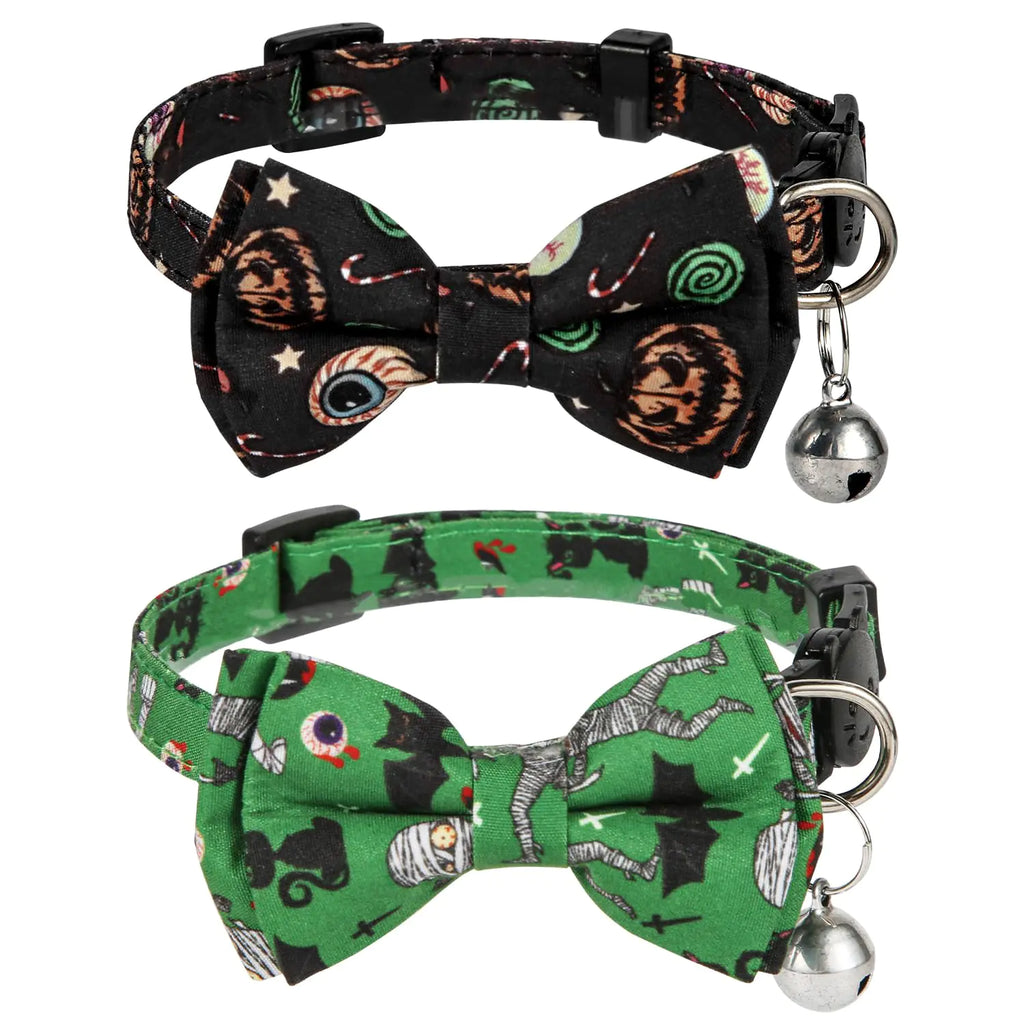 Halloween Cat Collar 2 Pack - Pumpkin Print Bow Tie with Bell Green Black