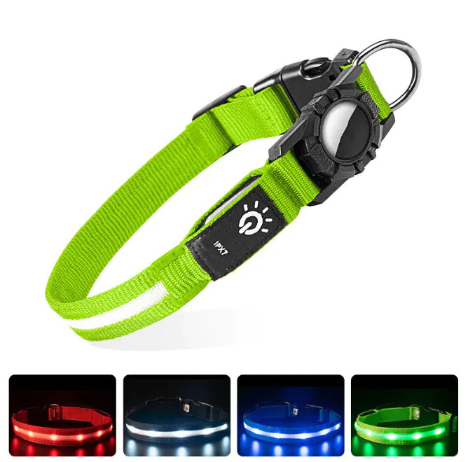 Glow in the Dark Dog Collar with AirTag Holder - Luminous GPS Tracker