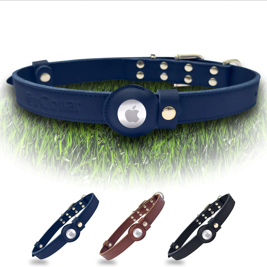 Leather Dog Collar with AirTag Holder - Premium GPS Tracker Large Dogs